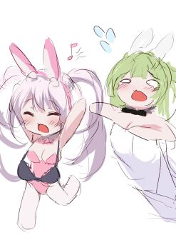 absurdres alice_(nikke) alice_(wonderland_bunny)_(nikke) animal_ears antenna_hair black_bow black_bowtie blush bow bowtie breasts chibi fake_animal_ears flying_sweatdrops goddess_of_victory:_nikke green_hair heart_antenna_hair highres kurono_suzuran large_breasts leotard long_hair oversized_breast_cup pantyhose pink_bow pink_bowtie pink_leotard playboy_bunny rabbit_ears sketch soda_(nikke) soda_(twinkling_bunny)_(nikke) strapless strapless_leotard white_pantyhose