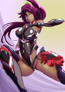 1girl bleach breasts closed_mouth cosplay curvy dark-skinned_female dark_skin female_focus hair_ornament high_ponytail highleg highleg_leotard large_breasts leotard long_hair looking_at_viewer mizuki_yukikaze mizuki_yukikaze_(cosplay) mizuki_yukikaze_(future) mizuki_yukikaze_(lightning_onyx)_(cosplay) mmmmero69 parted_bangs ponytail purple_hair shihouin_yoruichi shiny_skin skin_tight taimanin_(series) taimanin_suit taimanin_yukikaze thong_leotard wide_hips yellow_eyes