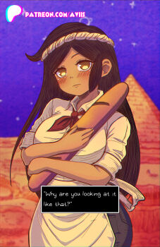 Rule 34 | 1girl, alternate breast size (larger), apron, axl sevens, baguette, bare arms, black pants, blush, bread, breasts, brown eyes, brown hair, chromatic aberration, closed mouth, collared shirt, commentary, cowboy shot, cowlick, dark-skinned female, dark skin, dialogue box, doughie (omori), english commentary, english text, expressionless, film grain, fingernails, food, frown, game screenshot background, hand up, hatching (texture), highres, holding, holding food, large breasts, long hair, multicolored eyes, neckerchief, omori, outdoors, pants, patreon username, pocket, purple sky, pyramid (structure), red neckerchief, screenshot background, shirt, short sleeves, sidelocks, sky, solo, sparkle, standing, straight hair, swept bangs, tareme, two-tone eyes, very long hair, waist apron, yellow apron, yellow eyes, yellow shirt
