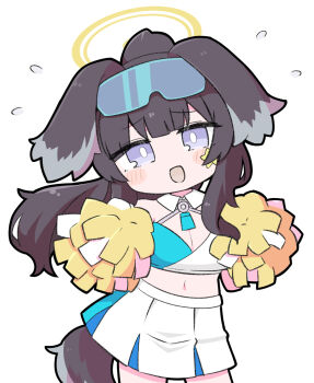 1girl :d animal_ears bare_shoulders black_hair blue_archive breasts cheerleader chibi cleavage dog_ears dog_girl dog_tail flying_sweatdrops goggles goggles_on_head halo head_tilt hibiki_(blue_archive) hibiki_(cheer_squad)_(blue_archive) highres long_hair looking_at_viewer medium_breasts miranofuudoria navel open_mouth pleated_skirt pom_pom_(clothes) ponytail purple_eyes simple_background skirt smile solo standing tail very_long_hair white_background white_skirt