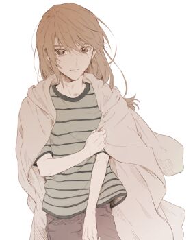 Rule 34 | 1boy, brown eyes, brown hair, commentary request, expressionless, hood, hood down, hooded jacket, jacket, jacket on shoulders, long hair, looking at viewer, male focus, minashiro soushi, pants, sawa2, scar, scar across eye, scar on face, shirt, simple background, solo, soukyuu no fafner, striped clothes, striped shirt, white background, white jacket