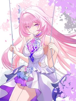 1girl bare_shoulders breasts corrupted_twitter_file cyrene_(honkai:_star_rail) cyrene_(ripples_of_past_reverie)_(honkai:_star_rail) diamond-shaped_pupils diamond_(shape) dress flower hair_flower hair_ornament hashtag hashtag-only_commentary highres honkai:_star_rail honkai_(series) jp4g6kfhb842057 large_breasts long_hair looking_at_viewer on_swing pink_hair purple_eyes smile solo swing symbol-shaped_pupils thighs very_long_hair white_dress
