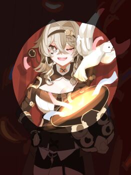 1girl ;o absurdres bird black_hairband black_shorts breasts brown_corset brown_hair cleavage commentary_request corset curtains dove grey_eyes hair_intakes hairband hat highres holding holding_unworn_clothes holding_unworn_hat honkai_(series) honkai_impact_3rd korean_commentary large_breasts magic_trick medium_hair one_eye_closed s9897907160915 shorts solo spotlight thighs top_hat unworn_hat unworn_headwear vill-v