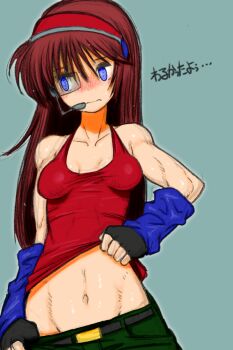 1girl @_@ arm_warmers bare_shoulders beeru_(veil8801) black_gloves blue_arm_warmers blue_background blue_eyes breasts cleavage closed_mouth collarbone edie_burret elevator_action elevator_action_returns fingerless_gloves frown gloves groin hairband headset highres lifting_own_clothes long_hair medium_breasts navel pulling_own_clothes red_hair red_hairband red_tank_top scouter sideways_glance simple_background solo tank_top translation_request wavy_mouth