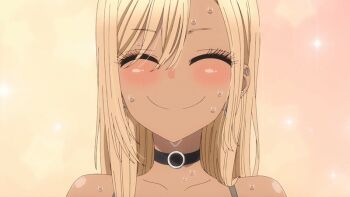 1girl 2022 20s animated animated_gif bare_shoulders black_shirt blonde_hair breasts choker cleavage closed_eyes collarbone dark-skinned_female dark_skin green_vest gyaru kitagawa_marin long_hair navel shirt sidelocks smile solo sono_bisque_doll_wa_koi_wo_suru sweat tagme tan tanned_body vest