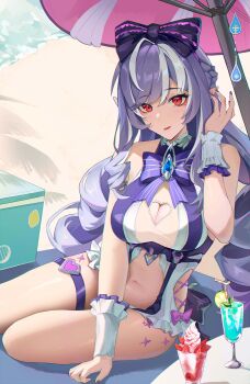Rule 34 | 1girl, a-chuang, absurdres, bare shoulders, beach umbrella, bow, breasts, casual one-piece swimsuit, clothing cutout, commentary, cup, drinking glass, hair bow, hand up, heart cutout, highres, large breasts, long hair, looking at viewer, mole, mole under eye, nail polish, navel, official alternate costume, one-piece swimsuit, parted lips, pointy ears, purple bow, purple hair, purple nails, red eyes, sidelocks, sitting, solo, stomach, stomach cutout, swimsuit, thigh strap, thighs, umbrella, very long hair, vivian banshee, vivian banshee (iris of the shore), white one-piece swimsuit, zenless zone zero