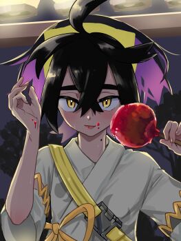 1boy anko_(ankochan_114) black_hair buckle candy_apple colored_inner_hair commentary_request crossed_bangs food food_on_face hair_between_eyes hairband highres holding_candy_apple holding_food kieran_(pokemon) looking_at_viewer male_focus mole mole_on_neck multicolored_hair night nintendo outdoors pokemon pokemon_sv shirt short_sleeves solo strap tongue tongue_out tree upper_body yellow_eyes yellow_hairband