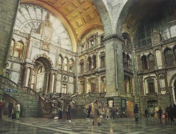 6+boys 6+girls antwerp arch balcony baluster belgium brick_wall cathedral church clock commentary_request day european_architecture highres indoors multiple_boys multiple_girls naohiro_ito original pillar railing real_world_location reflective_floor scenery shadow stairs stone_stairs sunlight tile_floor tiles train_station window