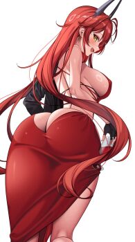 Rule 34 | 1girl, @shun, ass, butt crack, dress, evening gown, from behind, goddess of victory: nikke, highres, horns, long hair, looking at viewer, mechanical horns, official alternate costume, red dress, red hair, red hood (nikke), red hood (nonsense red) (nikke), simple background, solo, white background, yellow eyes