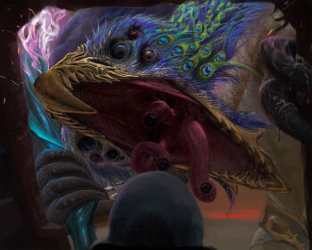 alex_cristi armor barbed_tongue beak bird_monster black_eyes blue_eyes blue_feathers brown_eyes chaos_(warhammer) claws colored_sclera damaged demon extra_eyes eyes_on_tentacles eyes_on_tounge feathers glowing glowing_weapon gold_armor greater_demon_(warhammer) grey_eyes grip highres holding holding_weapon horror_(theme) looking_at_another lord_of_change monster multiple_tongues open_mouth peacock_feathers polearm realistic red_eyes red_sclera runes spear stalk_eyes tendril too_many_eyes tzeentch warhammer_40k weapon