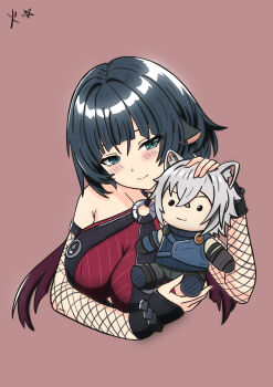 Rule 34 | 1girl, absurdres, bare shoulders, black hair, blue eyes, blush, breast curtains, breasts, character doll, choker, closed mouth, collarbone, commentary request, cropped torso, doll, earrings, fishnet sleeves, fishnets, hibarakirari, highres, holding, holding doll, jane doe (nocturne of light) (zenless zone zero), jane doe (zenless zone zero), jewelry, large breasts, long hair, looking at object, mouse girl, multicolored hair, o-ring, o-ring choker, o-ring swimsuit, official alternate costume, one-piece swimsuit, red hair, red one-piece swimsuit, seth lowell, simple background, smile, solo, swimsuit, zenless zone zero