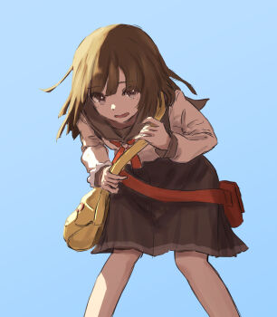 Rule 34 | 1girl, bag, blue background, brown eyes, brown hair, commentary request, highres, leaning forward, looking at viewer, monogatari (series), naoetsu high school uniform, neck ribbon, one-hour drawing challenge, open mouth, oretekiya, pink shirt, ribbon, sailor collar, school uniform, sengoku nadeko, shirt, shoulder bag, simple background, skirt, solo