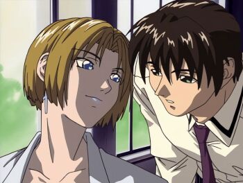 00s 1boy 1girl 2001 age_difference animated animated_gif bible_black bible_black_night_of_the_walpulgiss blonde_hair blue_eyes bow bowtie breasts cross cross_earrings earrings green_eyes jewelry kitami_reika lab_coat large_breasts licking licking_another&#039;s_cheek lipstick makeup minase_taki older_female_and_younger_male shirt short_hair tagme tongue tongue_out white_shirt witch