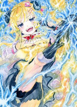 absurdres ahoge animal_ears black_boots black_skirt blonde_hair boots breasts detached_sleeves dress electricity fur-trimmed_boots fur-trimmed_dress fur_trim hair_ornament hairclip high_kick highres holding holding_microphone hololive horns incoming_kick kicking kneepits large_breasts long_hair making-of_available medinki microphone open_mouth painting_(medium) purple_eyes sheep_ears sheep_girl sheep_horns short_dress shorts shorts_under_skirt skirt skirt_under_dress sleeveless sleeveless_dress small_sweatdrop teeth traditional_media tsunomaki_watame tsunomaki_watame_(1st_costume) v-shaped_eyebrows very_long_hair virtual_youtuber watercolor_(medium) white_dress