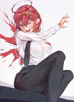 1girl absurdres black_necktie black_pants blood blood_halo blood_on_clothes blood_on_face blood_on_hands boqee breasts chainsaw_man feet_out_of_frame halo highres large_breasts liquid_halo long_sleeves makima_(chainsaw_man) necktie one_eye_closed open_mouth pants red_hair shirt sitting solo teeth upper_teeth_only white_background white_shirt yellow_eyes