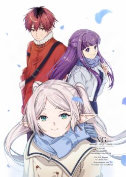 1boy 2girls artist_name black_roots blue_petals blue_scarf blunt_bangs breasts coat earrings elf falling_petals fern_(sousou_no_frieren) frieren green_eyes grey_hair hair_between_eyes hair_ornament hairclip half_updo jewelry kizuka2020 light_smile medium_breasts multiple_girls parted_bangs petals pointy_ears purple_eyes purple_hair red_coat red_eyes red_hair scarf short_hair sidelocks sousou_no_frieren stark_(sousou_no_frieren) twintails twitter_username upper_body white_coat