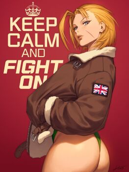 1girl 2025 absurdres ass blonde_hair blue_eyes bomber_jacket brown_jacket cammy_white commentary cowboy_shot english_text facial_scar from_side fur-trimmed_jacket fur_trim hand_in_pocket head_tilt hichi highres jacket keep_calm_and_carry_on leotard leotard_under_clothes long_sleeves looking_at_viewer parted_lips red_background scar scar_on_cheek scar_on_face short_hair signature solo street_fighter street_fighter_6 thong_leotard union_jack