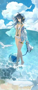 1girl absurdres ahoge arknights arm_behind_head arm_up ball bare_shoulders barefoot beach beachball bikini bird black_hair blowing_whistle blue_jacket breasts chinese_commentary cleavage cloud collarbone commentary_request crossed_legs day frilled_bikini frills full_body glint goggles goggles_around_neck hair_between_eyes hair_intakes hair_ornament hairclip highres holding holding_megaphone jacket jacket_over_swimsuit la_pluma_(arknights) la_pluma_(summer_flowers)_(arknights) lanyard lingyu_ovo long_sleeves looking_at_viewer medium_breasts megaphone navel ocean off_shoulder official_alternate_costume open_clothes open_jacket outdoors see-through_clothes see-through_jacket short_hair skindentation soaking_feet solo spaghetti_strap speaker standing swimsuit thigh_strap unzipped waves whistle white_bikini