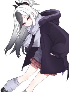 1girl black_coat black_hair black_shoes blue_archive blush coat demon_girl demon_horns demon_wings dutch_angle halo hands_in_pockets hinachi_(hncstk) hood horns kayoko_(blue_archive) leaning_forward long_hair loose_socks low_wings multicolored_hair pink_eyes plaid_clothes plaid_skirt red_skirt scarf shoes single_wing skirt smile socks solo standing two-tone_hair white_background white_hair wings winter_clothes winter_coat