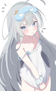 1girl ahoge blue_eyes blush commentary dress female_tyrant_(stella_sora) grey_hair highres kanimiso30601 long_hair mask mask_on_head pointy_ears pout simple_background sleep_mask solo stella_sora symbol-only_commentary tyrant_(stella_sora) v-shaped_eyebrows white_background white_dress