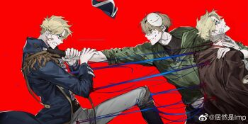 Rule 34 | 3boys, bad source, bandages, bandaid, bandaid on face, blonde hair, blood, blood on face, blue eyes, clenched teeth, clone, coat, dream (youtuber), dual persona, epaulettes, fighting, green hoodie, hat, highres, hood, hoodie, injury, male focus, mask, mask on head, military, military uniform, minecraft youtube, multiple boys, multiple persona, pulppunk001, red background, short hair, teeth, unworn headwear, watermark, weibo username, weibo watermark