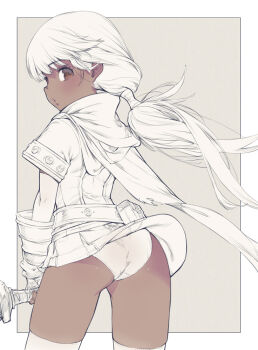 Rule 34 | ass, belt, belt pouch, blush, border, branch (blackrabbits), brown eyes, cape, character request, clothes lift, dark-skinned female, dark skin, fingerless gloves, flat ass, from behind, gloves, grey background, hood, long hair, looking at viewer, looking back, miniskirt, panties, pantyshot, pleated skirt, ponytail, pouch, short sleeves, simple background, skirt, skirt lift, spot color, thighhighs, torn cape, torn clothes, tree of savior, underwear, very long hair, wedgie, white border, wind, wind lift