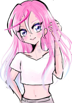 Rule 34 | 1girl, digimon, highres, karan eri, looking at viewer, midriff, my (pixiv587991), pink eyes, pink hair, shirt, simple background, white background, white shirt