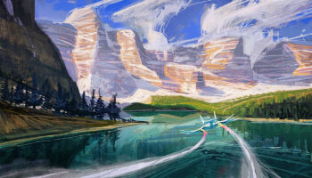 aircraft airplane beach blue_sky canyon cloud cloudy_sky contrail flying highres jet lake landscape mountain nature original pine_tree quiet_victories reflection reflective_liquid scenery sky tree water