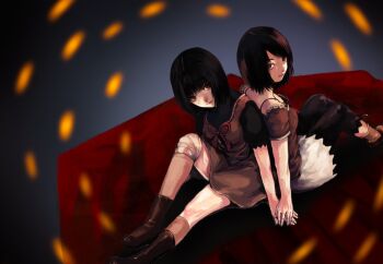 2girls amakura_mayu amakura_mio bandages black_hair boots brown_eyes closed_mouth dress fatal_frame fatal_frame_ii:_crimson_butterfly gauss_&lt;bokashi hand_on_another&#039;s_hand lips looking_at_viewer multiple_girls short_hair siblings sisters sitting skirt twins