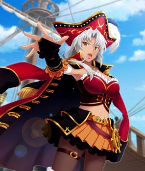 1girl :o armpits belt black_gloves blue_gem blue_sky breasts brown_pantyhose brown_strap cloud coat coat_on_shoulders cowboy_shot crop_top dark-skinned_female dark_skin day game_cg gem gloves gold_belt grey_hair hat large_breasts lens_flare long_hair looking_at_viewer maniwa_sana mast mature_female midriff navel official_art orange_eyes orange_skirt outstretched_arm pantyhose parted_bangs pirate pirate_hat plume purple_gem red_coat red_hat red_lips ship ship's_wheel_ornament skirt sky solo teeth thigh_strap third-party_source toji_no_miko toji_no_miko:_kizamishi_issen_no_tomoshibi tricorne watercraft
