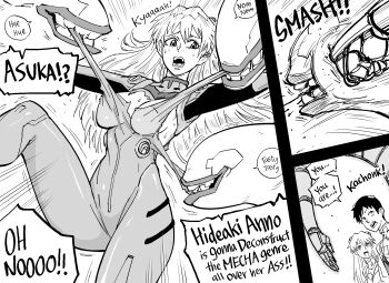 ! !! !? 1girl absurdres ass bb_(baalbuddy) bodysuit breasts curvy english_text evil_grin evil_smile forced grin highres ikari_shinji interface_headset_(evangelion) jet_alone large_breasts mass_production_eva mecha mecha_pilot_suit meme moaning multiple_boys neon_genesis_evangelion plugsuit_(evangelion) punching robot sexually_suggestive shiny_clothes short_hair sitting smile souryuu_asuka_langley speech_bubble sweat torn_bodysuit torn_clothes undressing violence what white_background wide_hips