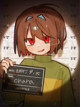 1other :d ahoge arm_at_side bob_cut brown_hair chara_(undertale) character_name child chromatic_aberration colored_inner_hair commentary copyright_name dande_lion2604 drop_shadow english_commentary eyes_visible_through_hair green_sweater hair_between_eyes hair_intakes hand_up highres light_particles long_sleeves looking_at_viewer mugshot multicolored_hair open_mouth other_focus puffy_long_sleeves puffy_sleeves red_eyes red_hair short_hair simple_background smile solo striped_clothes striped_sweater sweater turtleneck turtleneck_sweater twitter_username two-tone_sweater undertale upper_body utdr_(toby_fox) vignetting watermark white_background yellow_sweater