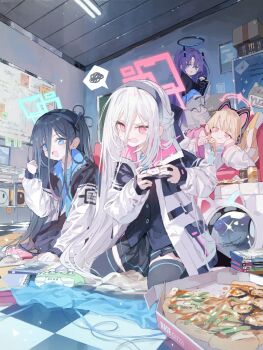 4girls :d animal_ears aris_(blue_archive) black_halo black_vest blonde_hair blue_archive blue_eyes blue_hair blue_halo blue_necktie blush cat_ears checkered_floor clenched_hand commentary_request controller eating food hair_between_eyes hair_ornament halo helmet highres holding holding_controller indoors jacket kei_(blue_archive) kei_(new_body)_(blue_archive) long_bangs long_hair long_hair_between_eyes looking_back lying momoi_(blue_archive) multiple_girls necktie on_side open_mouth peanut_mouth pink_eyes pink_halo pizza pizza_box pleated_skirt purple_hair rectangular_halo ringed_eyes shirt sitting skirt smile spoken_squiggle squiggle sticky_note thighhighs triangle_hair_ornament vest wariza watakokyu white_hair white_jacket white_shirt whiteboard yuuka_(blue_archive) zettai_ryouiki