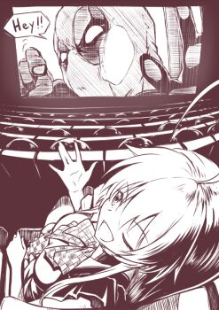 1boy 1girl ;d \||/ ahoge bow bowtie checkered_bow checkered_bowtie checkered_clothes commentary_request crossover deadpool deadpool_(series) english_text from_above greyscale haiyore!_nyaruko-san hand_up huge_ahoge indoors long_hair looking_at_another marvel monochrome movie_theater nyarlathotep_(nyaruko-san) one_eye_closed open_mouth sidelocks sitting smile speech_bubble waving yuto_(dialique)