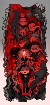 6+boys baldur&#039;s_gate baldur&#039;s_gate_3 black_hair bound bound_wrists cazador_szarr chibi commentary dungeons_&amp;_dragons dungeons_&amp;_dragons english_commentary fangs food fruit highres laughing long_hair multiple_boys nail_(hardware) nightmare pants red_eyes skull sleeping staff strawberry vampire vellioth vihua6 white_hair