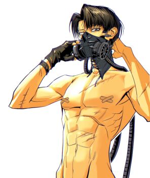1boy abs adjusting_mask bandaid bandaids_on_nipples black_gloves black_hair crossed_bandaids facial_scar fingerless_gloves gas_mask gloves hashtag-only_commentary highres levi_(shingeki_no_kyojin) looking_at_viewer male_focus mask multiple_scars navel parted_bangs pasties scar scar_on_arm scar_on_cheek scar_on_face scar_on_stomach shingeki_no_kyojin short_hair single_glove solo topless_male upper_body white_background xiajiuwan
