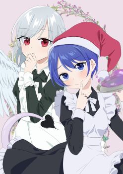 2girls alternate_costume apron black_bow black_bowtie black_dress blob blue_eyes blue_hair blush bow bowtie commentary_request commission doremy_sweet dream_soul dress enmaided feathered_wings flower flower_request grey_hair grey_wings hat juliet_sleeves kishin_sagume long_sleeves maid maid_apron medium_hair multiple_girls nightcap pink_background puffy_sleeves purple_flower red_eyes red_hat short_hair simple_background single_wing skeb_commission tail tapir_tail touhou tsuno_no_hito white_apron white_bow white_bowtie wings