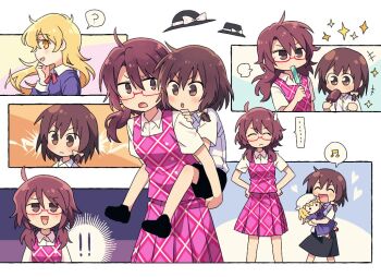 ! !! ... 3girls :d ? ^_^ aged_down ahoge black_hat black_pants black_shoes black_skirt blonde_hair blush bow brown_eyes brown_hair carrying character_doll child closed_eyes collared_dress collared_shirt commentary doll dress family_bonding food food_in_mouth frilled_dress frills hair_bow hand_on_own_face hands_on_own_hips happy hat hat_bow heart holding holding_doll holding_food holding_popsicle long_hair long_sleeves looking_at_another maribel_hearn medium_hair mob_cap multiple_girls musical_note neck_ribbon no_headwear open_mouth pants piggyback plaid_bow plaid_clothes plaid_skirt plaid_vest popsicle popsicle_in_mouth puff_of_air purple_dress purple_skirt purple_vest re_ghotion red-framed_eyewear red_ribbon red_shoes ribbon sash shirt shoes short_hair short_sleeves skirt sleeve_cuffs smile sparkle spoken_ellipsis spoken_exclamation_mark spoken_musical_note spoken_question_mark standing sweatdrop touhou twintails usami_renko usami_sumireko vest white_bow white_hat white_sash white_shirt