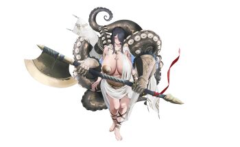 1girl absurdres areola_slip axe battle_axe black_hair breasts curvy curvy_black-haired_girl_(tnr) hair_over_one_eye highres huge_breasts huge_weapon original pasties revealing_clothes simple_background smile solo tentacles tnr_(horiko1525) weapon white_background