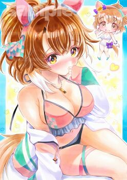 1girl ahoge animal_ears bare_shoulders bikini black_bikini blush bow breasts brown_eyes brown_hair checkered_ribbon closed_mouth collarbone dantsu_flame_(umamusume) ear_covers ear_ornament ear_ribbon hair_between_eyes hairband highres horse_ears horse_girl horse_tail jacket jewelry large_breasts midriff multicolored_hair mupo navel necklace open_clothes open_jacket open_mouth pink_bikini pink_hairband smile striped_bikini striped_clothes swimsuit tail thigh_strap traditional_media umamusume white_jacket