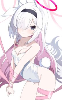 1girl alternate_costume animal_ears bdsm black_eyes black_hairband blue_archive blush bondage bound braid breasts cleavage colored_inner_hair covered_navel fake_animal_ears fake_tail hair_intakes hair_over_one_eye hairband halo hashtag-only_commentary highres kanimiso30601 long_hair multicolored_hair pink_hair pink_ribbon plana_(blue_archive) playboy_bunny rabbit_ears rabbit_tail red_pupils ribbon ribbon_bondage single_braid small_breasts solo tail very_long_hair white_background white_hair white_ribbon