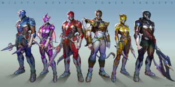 2girls 4boys armored_bodysuit axe battle_axe bow_(weapon) dagger helmet highres holding holding_axe holding_bow_(weapon) holding_dagger holding_knife holding_sword holding_weapon knife mighty_morphin_power_rangers multiple_boys multiple_girls power_rangers superhero_costume sword weapon