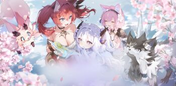 Rule 34 | 3girls, abby (azur promilia), animal, animal ears, azur promilia, black horns, blue eyes, braid, breasts, closed eyes, dragon girl, dragon horns, flower, gloves, highres, horns, long hair, luruka (azur promilia), multiple girls, official art, open mouth, pink hair, red hair, smile, terara (azur promilia), twin braids, twintails, white gloves, white hair, wolf girl