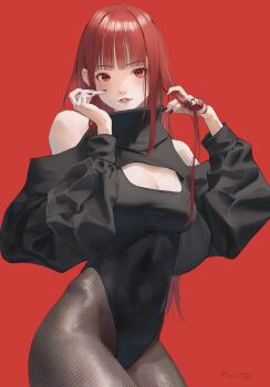 1girl bani-lizo black_leotard black_nails black_pantyhose black_shrug blunt_bangs blush breasts cleavage clothing_cutout commentary_request commission cowboy_shot fishnet_pantyhose fishnets highleg highleg_leotard highres hip_bones honeycomb_(pattern) leotard leotard_under_clothes long_hair looking_at_viewer nail_polish original pantyhose parted_lips playing_with_own_hair red_background red_eyes red_hair shoulder_cutout shrug_(clothing) signature simple_background skeb_commission solo very_long_hair