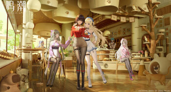 1boy 5girls absurdres ahoge alternate_costume bandage_over_one_eye bandages black_boots black_pantyhose blonde_hair blue_eyes blue_hair boots braid brant_(wuthering_waves) butterfly_hair_ornament casual cat cat_cafe criss-cross_halter crossed_legs detached_sleeves dress full_body hair_ornament halterneck highres koala-mitsuri long_hair multiple_girls off-shoulder_shirt off_shoulder pantyhose phoebe_(wuthering_waves) phrolova_(wuthering_waves) pink_hair red_shirt roccia_(wuthering_waves) shirt sitting tacet_mark_(wuthering_waves) thigh_strap title twin_braids twintails white_dress white_pantyhose wuthering_waves