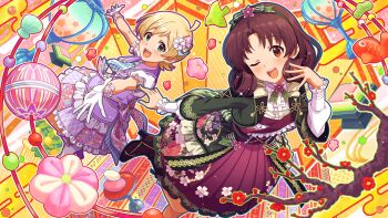 2girls :d ;d blonde_hair blue_outline branch brown_eyes brown_hair commentary_request fish floral_print floral_print_skirt game_cg gloves green_eyes green_jacket hand_up idolmaster idolmaster_million_live! idolmaster_million_live!_theater_days jacket kinoshita_hinata long_sleeves looking_at_viewer multiple_girls official_alternate_costume official_alternate_hair_color official_art one_eye_closed open_mouth outline print_skirt purple_outline purple_skirt short_hair skirt smile third-party_source tokugawa_matsuri white_gloves white_outline