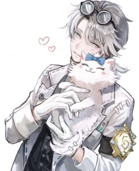 1boy aesop_carl aesop_carl_(&quot;gatto&quot;) animal armband black_armband black_shirt blue_bow blush_stickers bow cat eyewear_on_head glasses gloves grey_eyes grey_hair hanaochi_pic heart highres holding holding_animal holding_cat identity_v jacket looking_at_another low_ponytail male_focus official_alternate_costume ponytail round_eyewear shirt short_ponytail solo striped_blush upper_body white_cat white_gloves white_jacket