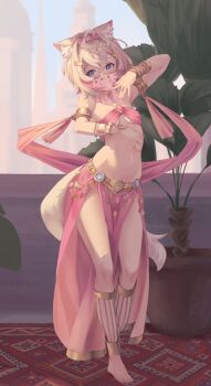1girl absurdres alternate_costume animal_ears arabian_clothes barefoot belly_dancing blonde_hair dancer dog_girl feet harem_outfit harem_pants highres hololive hololive_english long_hair mococo_abyssgard mouth_veil multicolored_hair pants revilol solo streaked_hair toes veil virtual_youtuber
