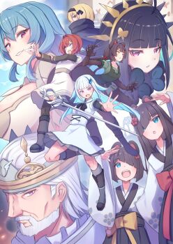 1boy 6+girls :o ange_katrina animal_ears animal_hands anko_jamu aqua_eyes aqua_hair ban_(page_of_lambda) beard black_bow black_bowtie black_hair black_hairband black_pantyhose black_sleeves blonde_hair blue_eyes blue_hair blunt_bangs blunt_ends blush bob_cut boots bow bowtie breasts brown_fur brown_hair claws colored_inner_hair commentary_request crown diagonal_bangs dog_ears dress elegia's_minion elegia_(page_of_lambda) everyone facial_hair floral_print floral_print_kimono gold_headdress green_dress grey_boots grey_socks grin hair_intakes hair_ornament hair_over_one_eye hairband hand_on_own_arm heterochromia highres holding holding_sword holding_weapon inui_toko japanese_clothes ken_(page_of_lambda) kimono king_of_helesta_(page_of_lambda) knee_boots laki_(page_of_lambda) large_breasts layered_sleeves lize_helesta long_hair long_sleeves multicolored_hair multiple_girls mustache nijisanji official_alternate_costume old old_man open_mouth outstretched_arm page_of_lambda pantyhose print_kimono purple_eyes red_bow red_eyes red_hair sanbaka_(nijisanji) short_dress short_over_long_sleeves short_sleeves small_breasts smile socks straight_hair sword two-tone_hair virtual_youtuber weapon white_dress white_facial_hair white_hair white_kimono yellow_bow yellow_eyes