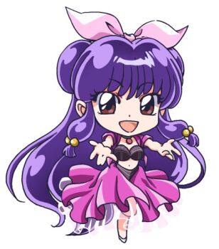 1girl chibi double_bun dress hair_bun hair_ribbon long_hair looking_at_viewer purple_hair ranma_1/2 red_dress ribbon shampoo_(ranma_1/2) shoes sidelocks smile solo